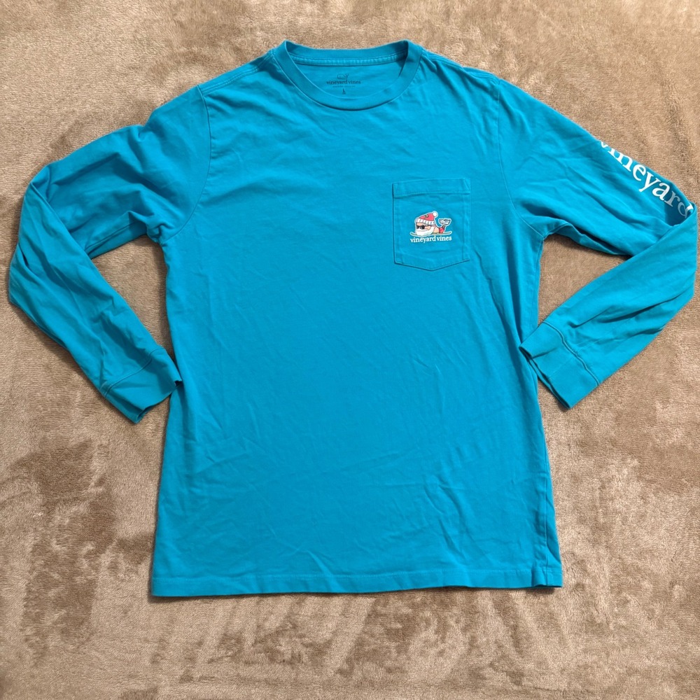Vineyard Vines Boys Blue Santa Whale Skiing Long Sleeve Pocket T-Shirt Size L 16